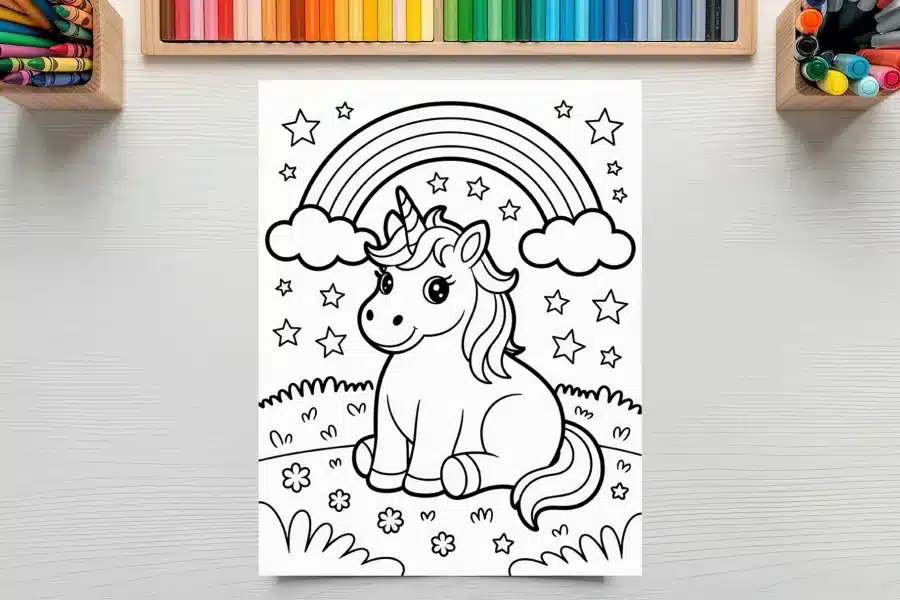 A Coloring Page Featuring A Cute Unicorn Sitting Under A Rainbow.