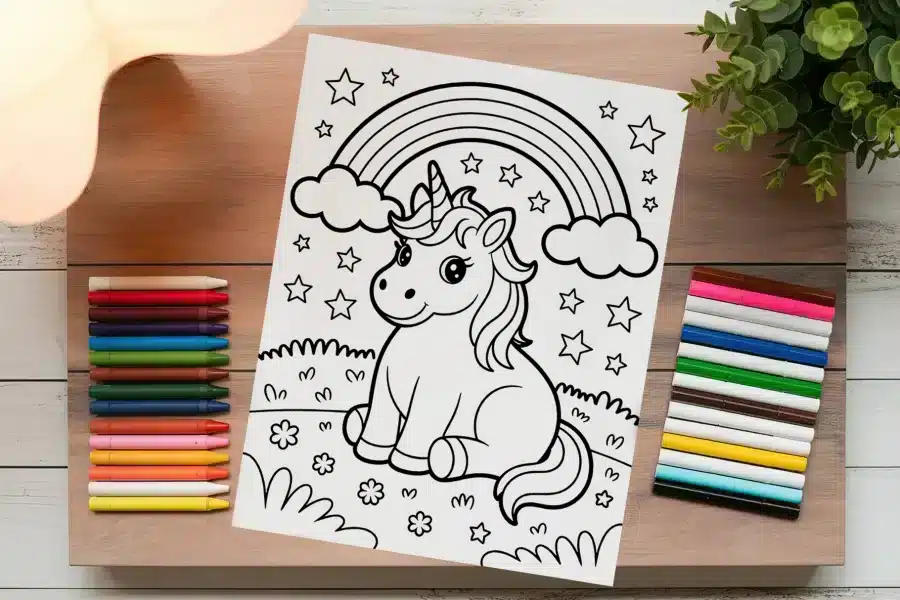 Coloring Page Featuring A Cute Unicorn Sitting Under A Rainbow With Stars.