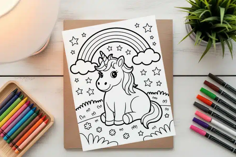 A Coloring Page Featuring A Cute Unicorn Sitting Under A Rainbow.