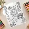 Reading Nook Free Coloring Page - Printable Adult Coloring Sheet With Chair, Hammock, And Plants