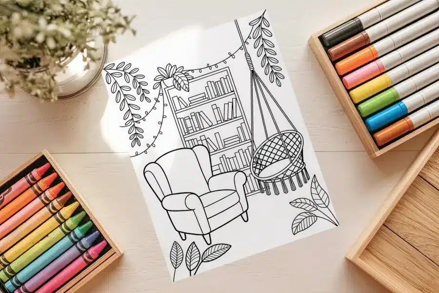 Reading Nook Free Coloring Page - printable adult coloring sheet with chair, hammock, and plants