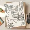 A Coloring Page Depicting A Cozy Reading Nook With An Armchair, A Hanging Chair, A Bookshelf, And Plants.