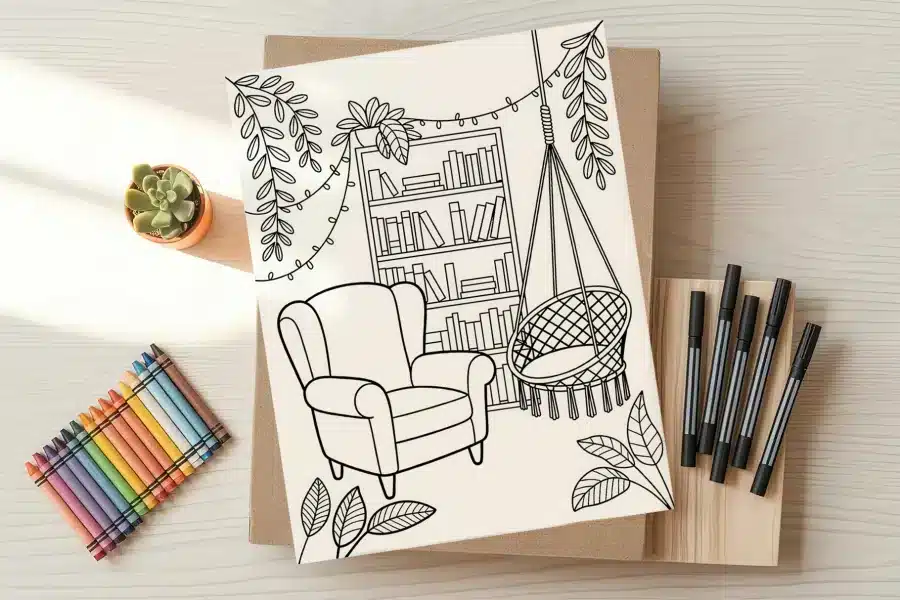 A coloring page depicting a cozy reading nook with an armchair, a hanging chair, a bookshelf, and plants.