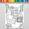 Coloring Page Illustration Of A Cozy Reading Nook With An Armchair, Hanging Chair, Bookshelf, And Plants.
