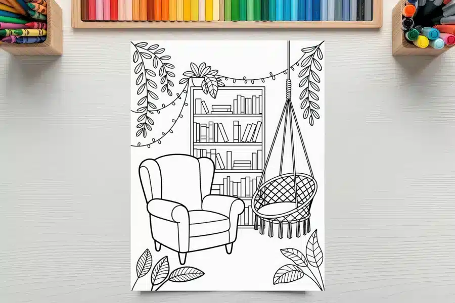 Coloring Page Illustration Of A Cozy Reading Nook With An Armchair, Hanging Chair, Bookshelf, And Plants.