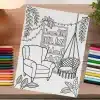A Coloring Page Depicting A Cozy Reading Nook With An Armchair, Bookshelf, And Hanging Chair.