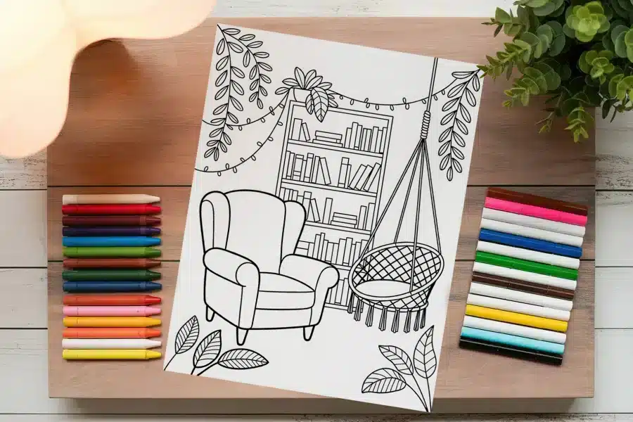 A Coloring Page Depicting A Cozy Reading Nook With An Armchair, Bookshelf, And Hanging Chair.