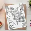 Line Drawing Coloring Page Depicting A Cozy Reading Nook With An Armchair, Hanging Chair, And Bookcase Filled With Books.