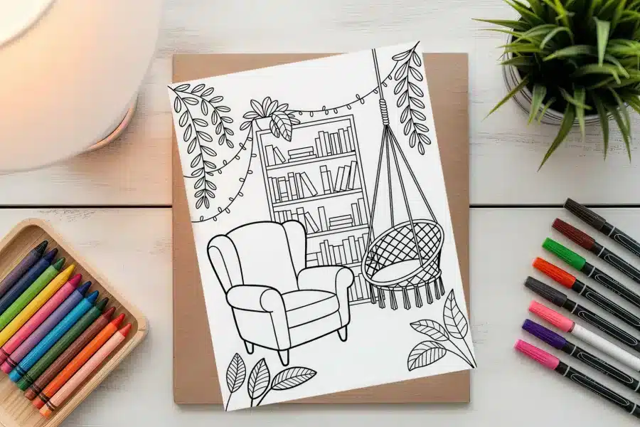 Line Drawing Coloring Page Depicting A Cozy Reading Nook With An Armchair, Hanging Chair, And Bookcase Filled With Books.