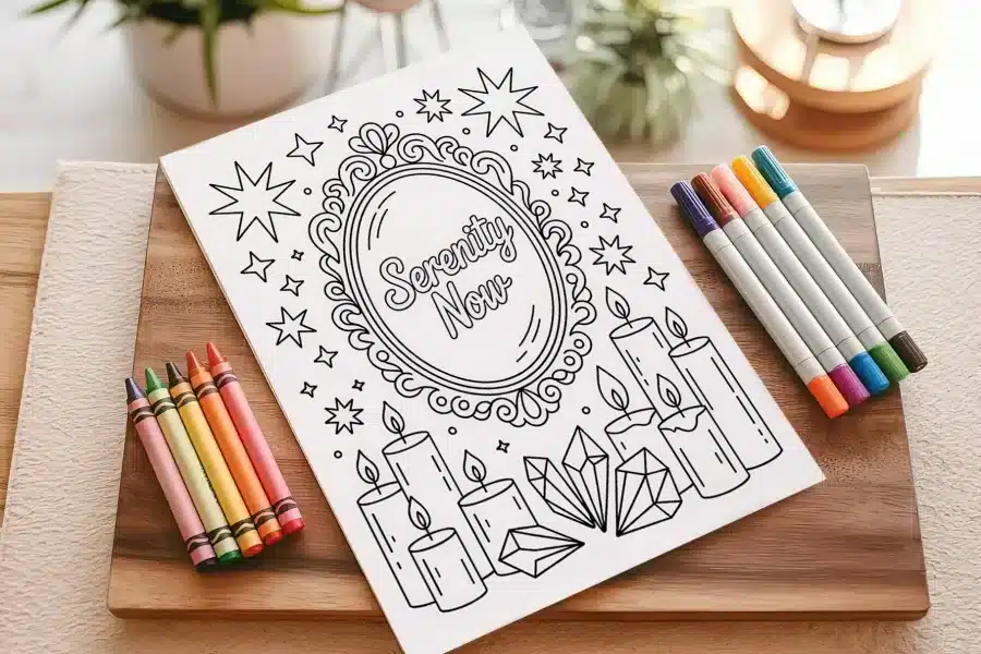 A Coloring Book With A Picture Of Candles And A Few Colored Pencils