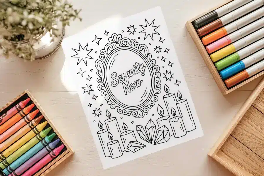 Serenity Now Mirror Free Coloring Page - printable adult coloring sheet with quote and celestial design