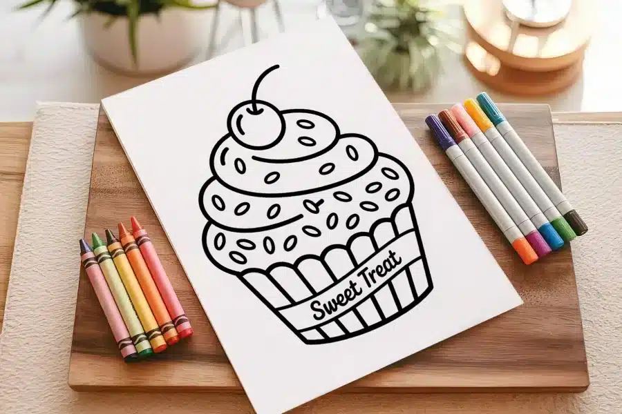 A Coloring Book With A Cupcake And Cherry On Top Of It