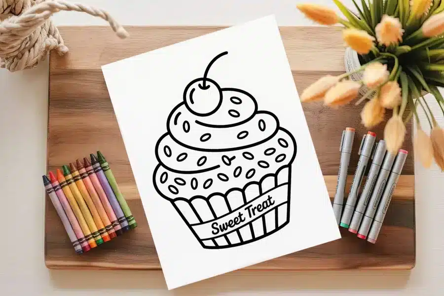 A Drawing Of A Cupcake And Crayons On A Wooden Surface