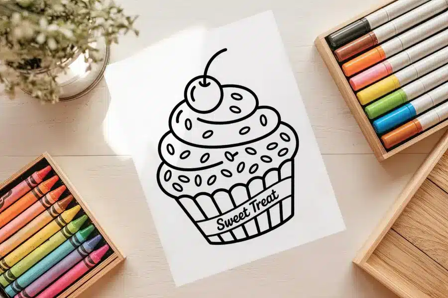 Simple Cupcake Free Coloring Page - printable kids coloring sheet with cupcake and "Sweet Treat" text