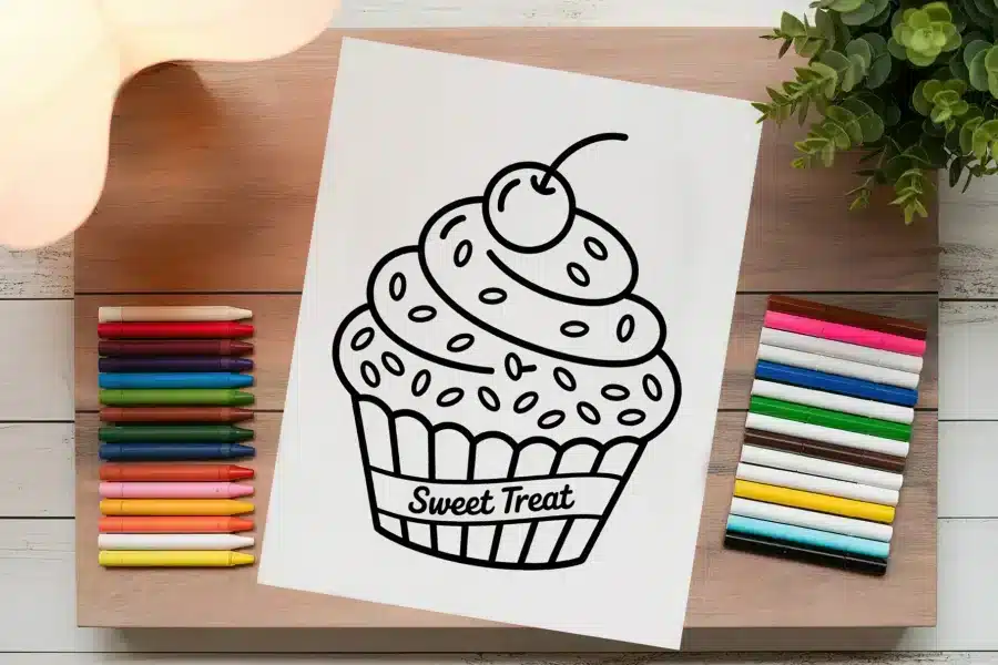 A Drawing Of A Cupcake And Colored Pencils