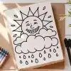 A Coloring Page Featuring A Smiling Sun Peeking From Behind A Rain Cloud.