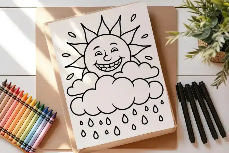 A Coloring Page Featuring A Smiling Sun Peeking From Behind A Rain Cloud.