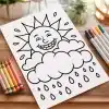 A Coloring Page Featuring A Smiling Sun Peeking From Behind A Rain Cloud.