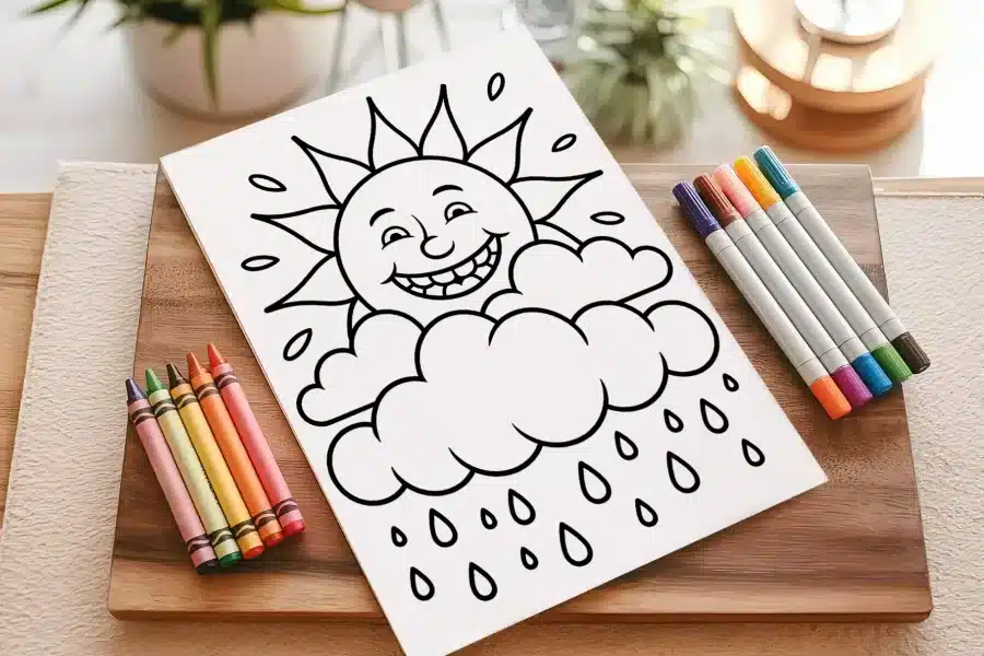 A Coloring Page Featuring A Smiling Sun Peeking From Behind A Rain Cloud.