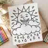 A Coloring Page Featuring A Smiling Sun Peeking From Behind A Rain Cloud.