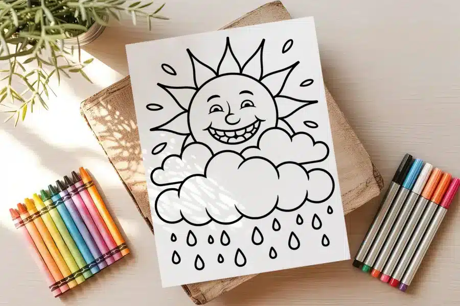 A Coloring Page Featuring A Smiling Sun Peeking From Behind A Rain Cloud.