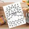 A Coloring Page Featuring A Smiling Sun Peeking From Behind A Cloud With Raindrops Falling.