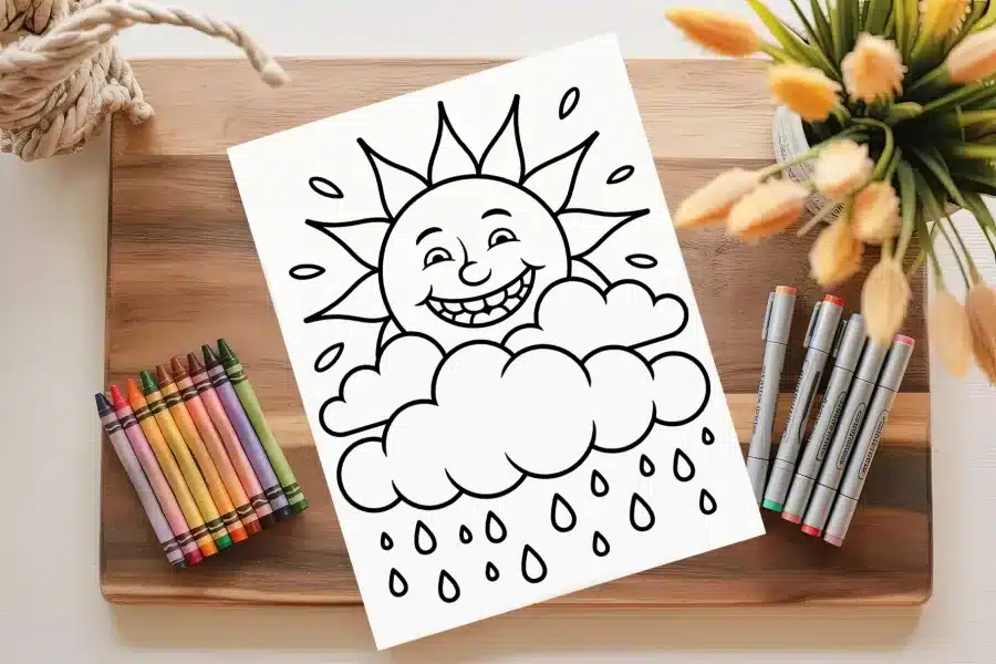 A Coloring Page Featuring A Smiling Sun Peeking From Behind A Cloud With Raindrops Falling.