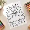 Smiling Sun Free Coloring Page - Printable Kids Coloring Sheet With Sun, Clouds, And Raindrops