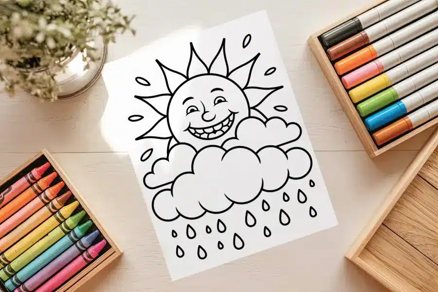 Smiling Sun Free Coloring Page - printable kids coloring sheet with sun, clouds, and raindrops