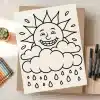 Line Drawing Of A Happy Sun Peeking From Behind A Rain Cloud.