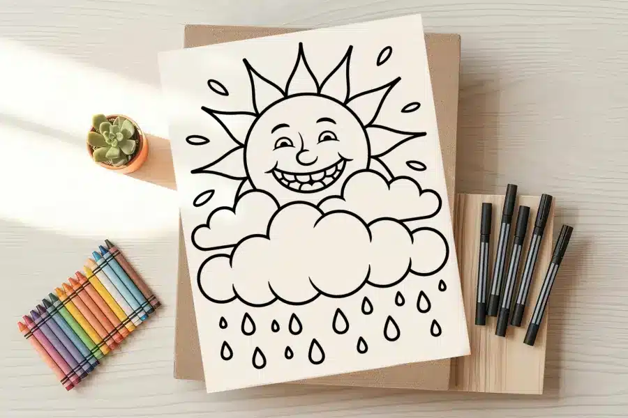 Line drawing of a happy sun peeking from behind a rain cloud.