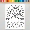 A Coloring Page Featuring A Smiling Sun Peeking From Behind A Rain Cloud With Raindrops Falling Below.