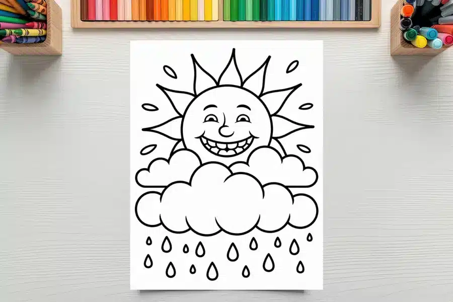 A Coloring Page Featuring A Smiling Sun Peeking From Behind A Rain Cloud With Raindrops Falling Below.