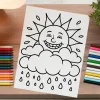 A Coloring Page Featuring A Smiling Sun Peeking From Behind A Rain Cloud.
