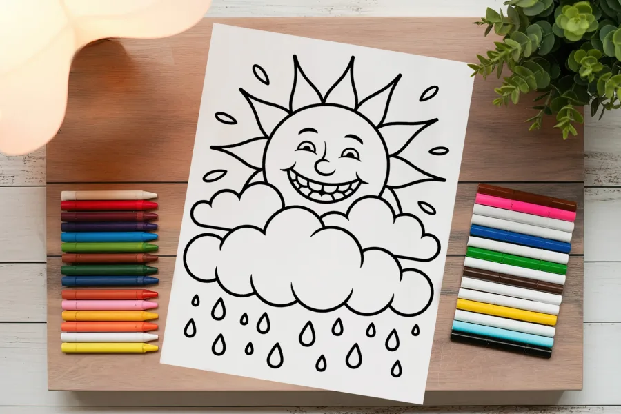 A Coloring Page Featuring A Smiling Sun Peeking From Behind A Rain Cloud.