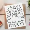 A Coloring Page Featuring A Smiling Sun Peeking From Behind A Cloud With Raindrops Falling Below.