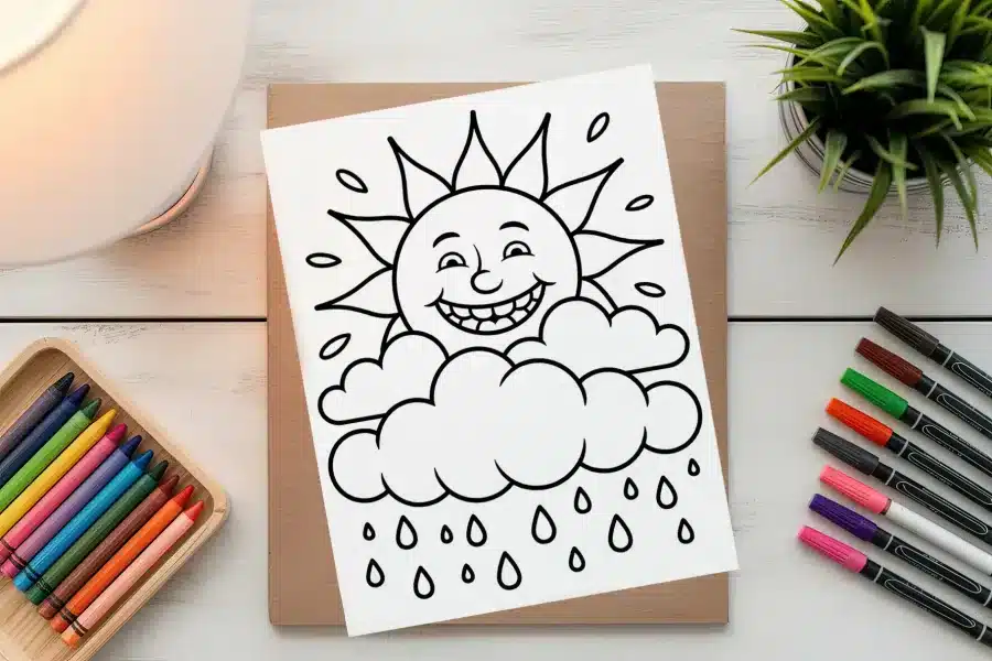 A Coloring Page Featuring A Smiling Sun Peeking From Behind A Cloud With Raindrops Falling Below.