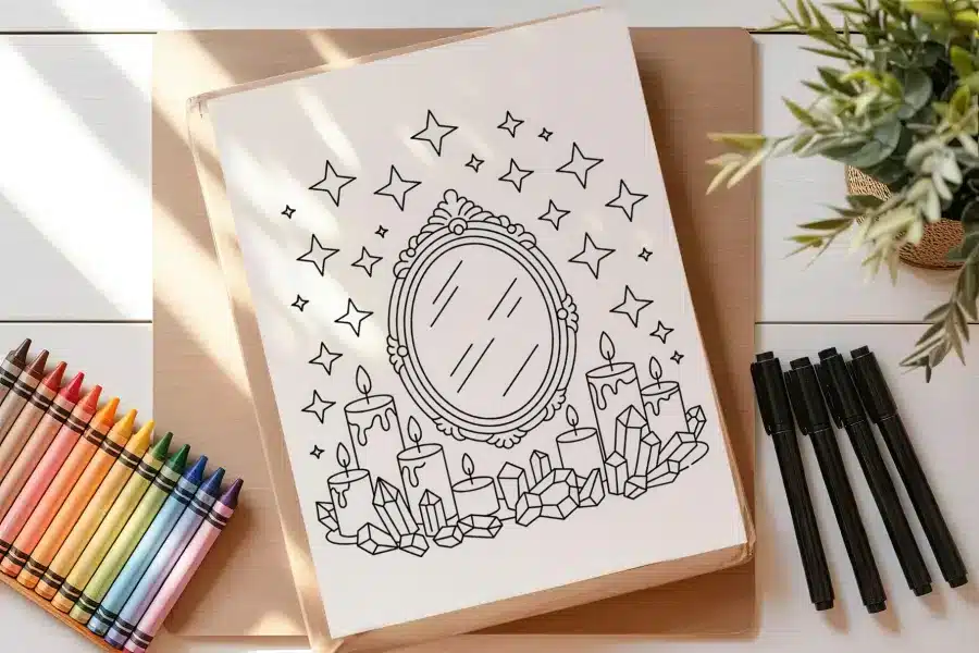 A Coloring Page Depicting An Ornate Mirror Surrounded By Candles And Crystals, With Stars In The Background.