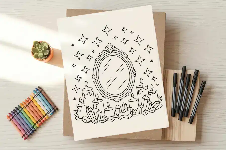 A coloring page featuring an ornate mirror surrounded by candles and crystals, with stars in the background.