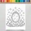Line Drawing Coloring Page Of An Ornate Mirror Surrounded By Candles And Crystals, With Stars Above.