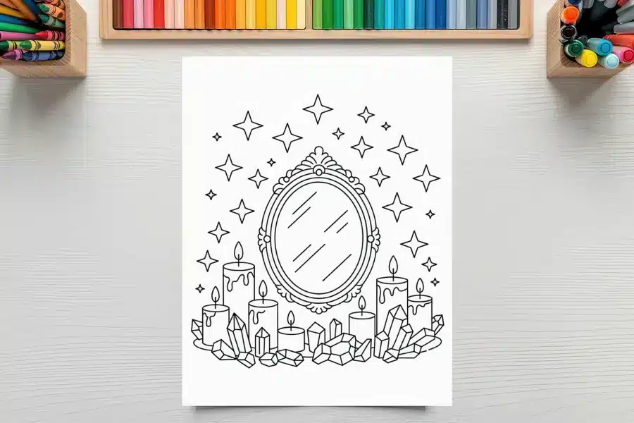 Line Drawing Coloring Page Of An Ornate Mirror Surrounded By Candles And Crystals, With Stars Above.