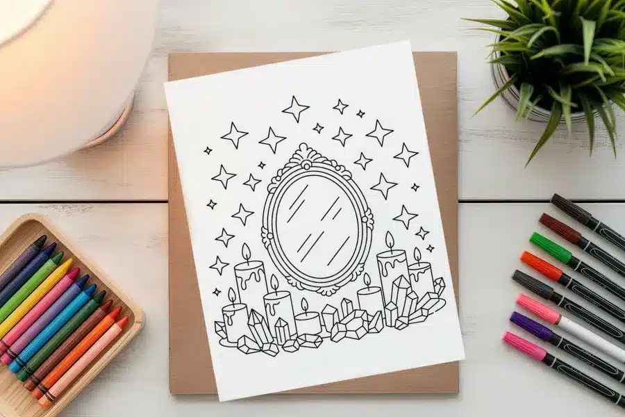 A Coloring Page Featuring An Ornate Mirror Surrounded By Candles And Crystals, With Stars In The Background.