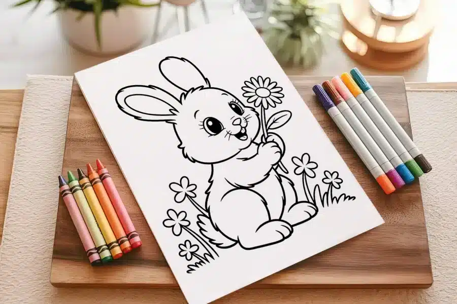 A Coloring Book With A Bunny And Flowers