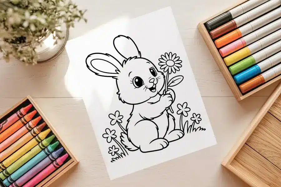 Spring Bunny Free Coloring Page - printable kids coloring sheet with bunny and flowers