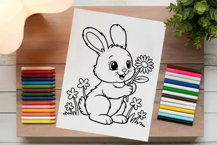 A Drawing Of A Rabbit Holding Flowers