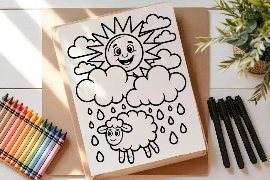 A Coloring Book With A Sun And Clouds And Clouds