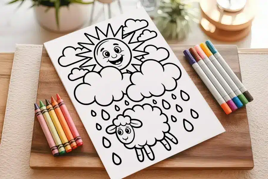 A Coloring Book With A Sun And Clouds And Clouds