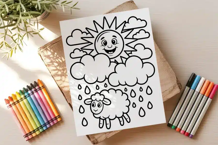 A Drawing Of A Sun And Clouds With Clouds And Rain Drops On A Piece Of Paper