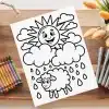 A Drawing Of A Sun And Clouds With Clouds And Rain Drops On A Wooden Surface