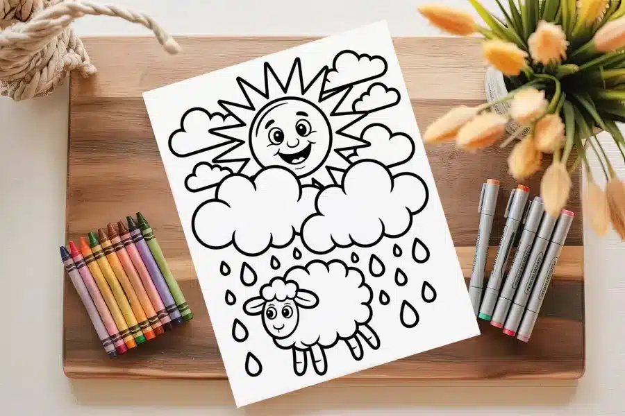 A Drawing Of A Sun And Clouds With Clouds And Rain Drops On A Wooden Surface